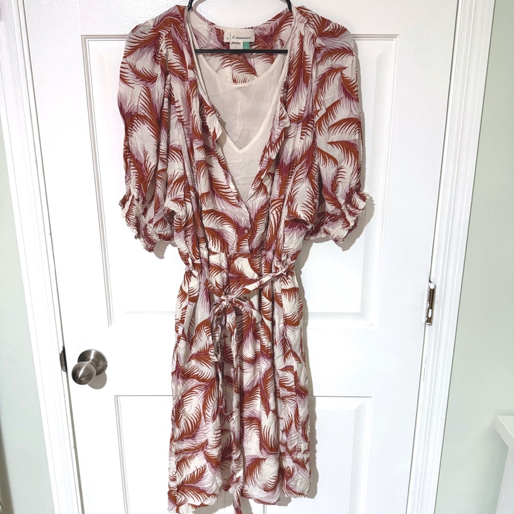 A+ by Anthropologie Tropical Palm Print Linen Blend Wrap Dress 1X Rust Mauve